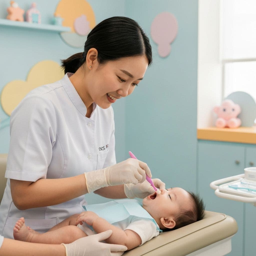 Pediatric dentist examining infant